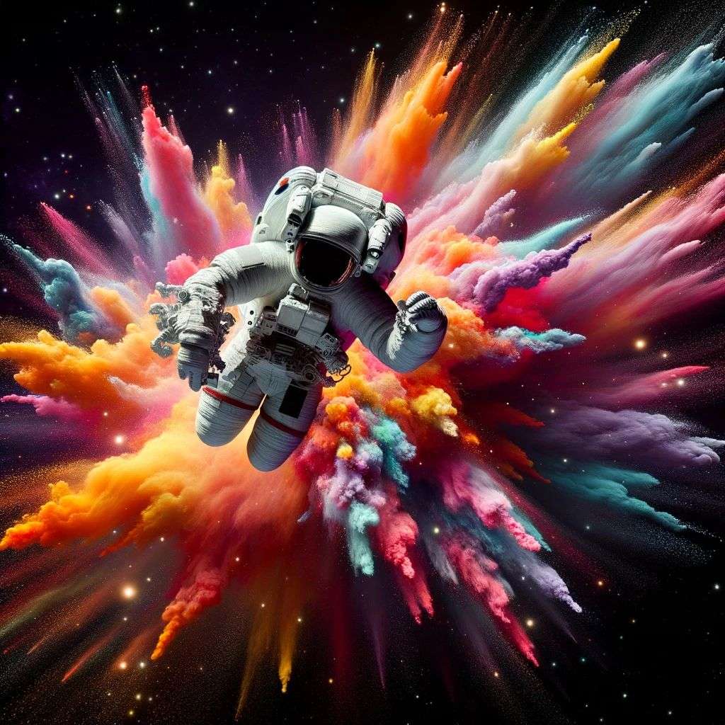 an astronaut, made from a burst of colored powder, digital art